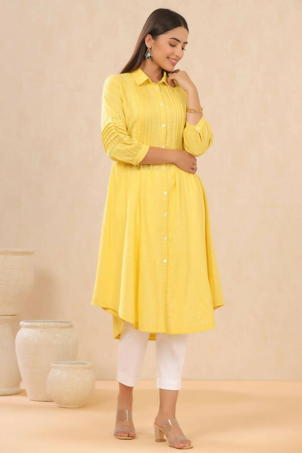 Juniper Womens Blush Yellow Cotton Slub Solid Mid Length Shirt Dress With Lace Detailing - Distacart