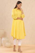 Thumbnail for Juniper Womens Blush Yellow Cotton Slub Solid Mid Length Shirt Dress With Lace Detailing - Distacart