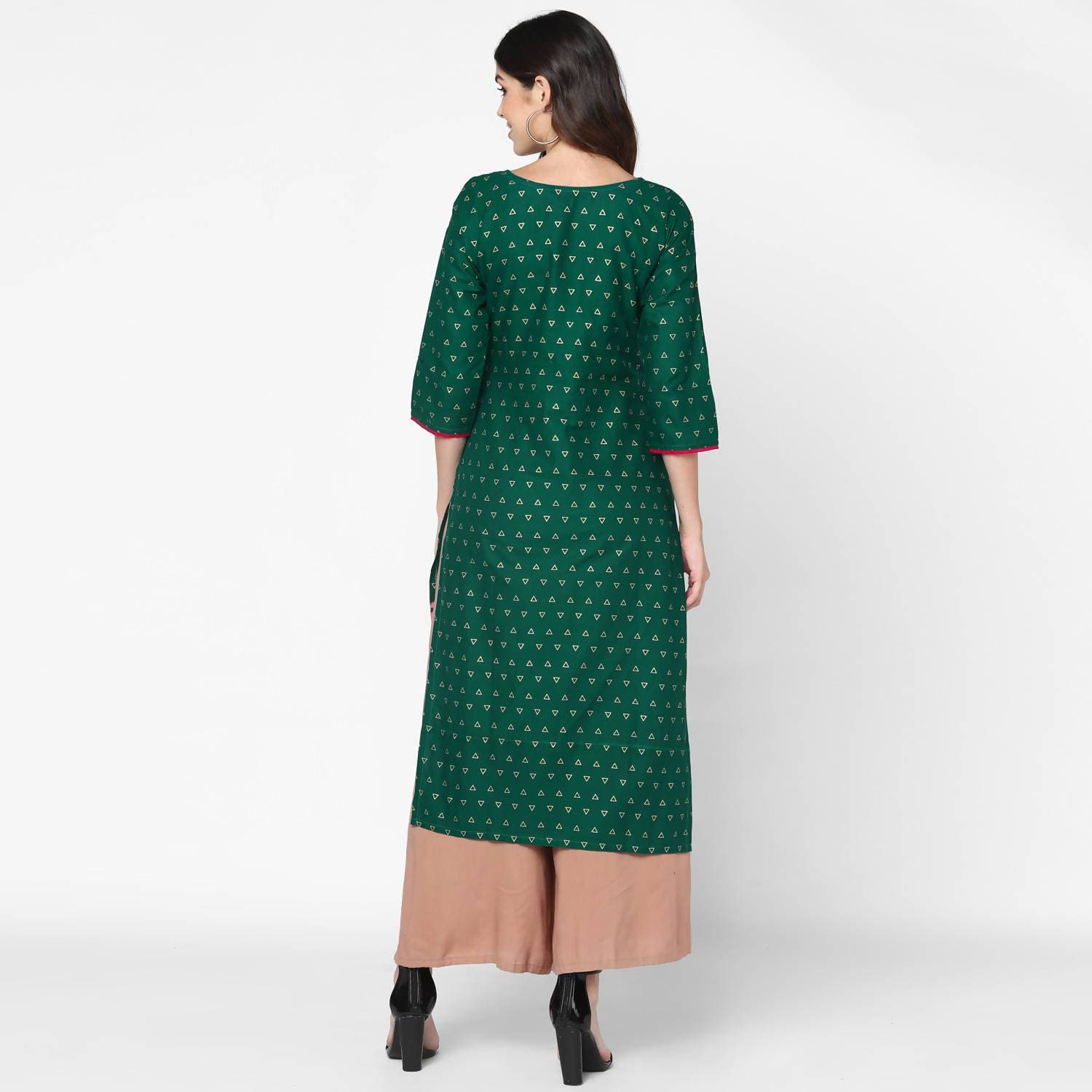 Cheera Hand Block Print Green & Skin Color Straight Kurta With Palazzo (MAAI-089K)