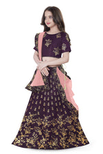 Thumbnail for Dwiden Purple Baby Doll Tafetta Sattin Semi-Stitched Girl's Lehenga Choli - Distacart