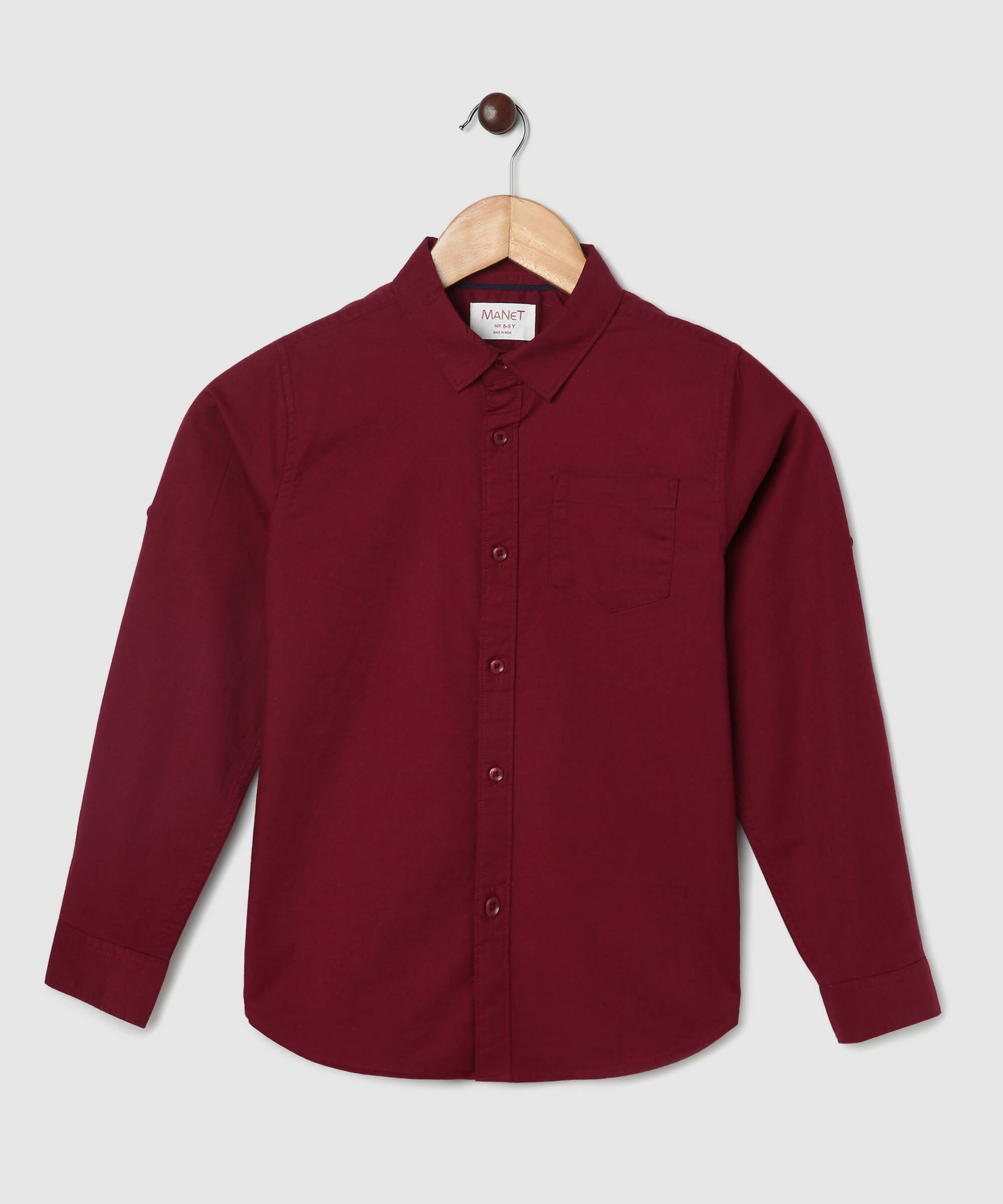 Manet Boys Mandarin Collar Full Sleeves Melange Shirt - Maroon - Distacart