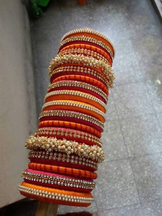 Pink & Orange Silk Threaded Pearl & Stone Bridal Wear Bangles Set