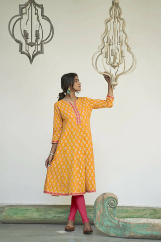 Mustard Cotton Paisley Printed A line Kurta - Prasuti - Distacart