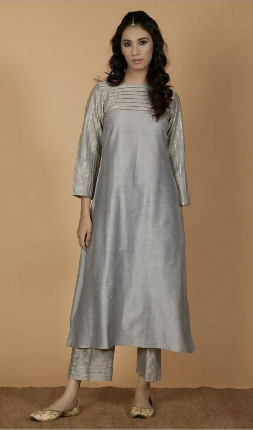 Cheera Silk Blend Fancy Gray Kurta Palazzo Set - Distacart