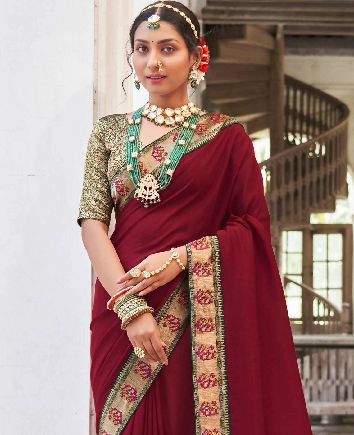 Maroon Vichitra Solid Saree With Unstitched Blouse Piece - Juhi - Distacart