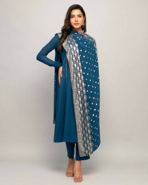 FIORRA Women's Teal Blue Creap A-Line Kurta Pant With Dupatta - Distacart