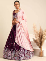 Thumbnail for House of Panchhi Burgundy Georgette Sequins and thread embroidery Lehenga choli & Dupatta - Distacart