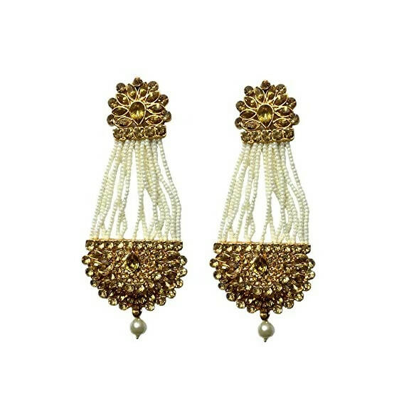 Tiaraa Golden Pearl Polki Studded Kundan Earrings - Distacart