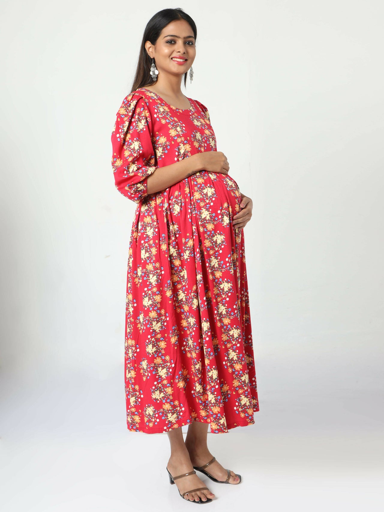 Manet Three Fourth Maternity Dress Floral Print With Concealed Zipper Nursing Access - Red - Distacart