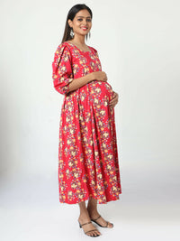 Thumbnail for Manet Three Fourth Maternity Dress Floral Print With Concealed Zipper Nursing Access - Red - Distacart