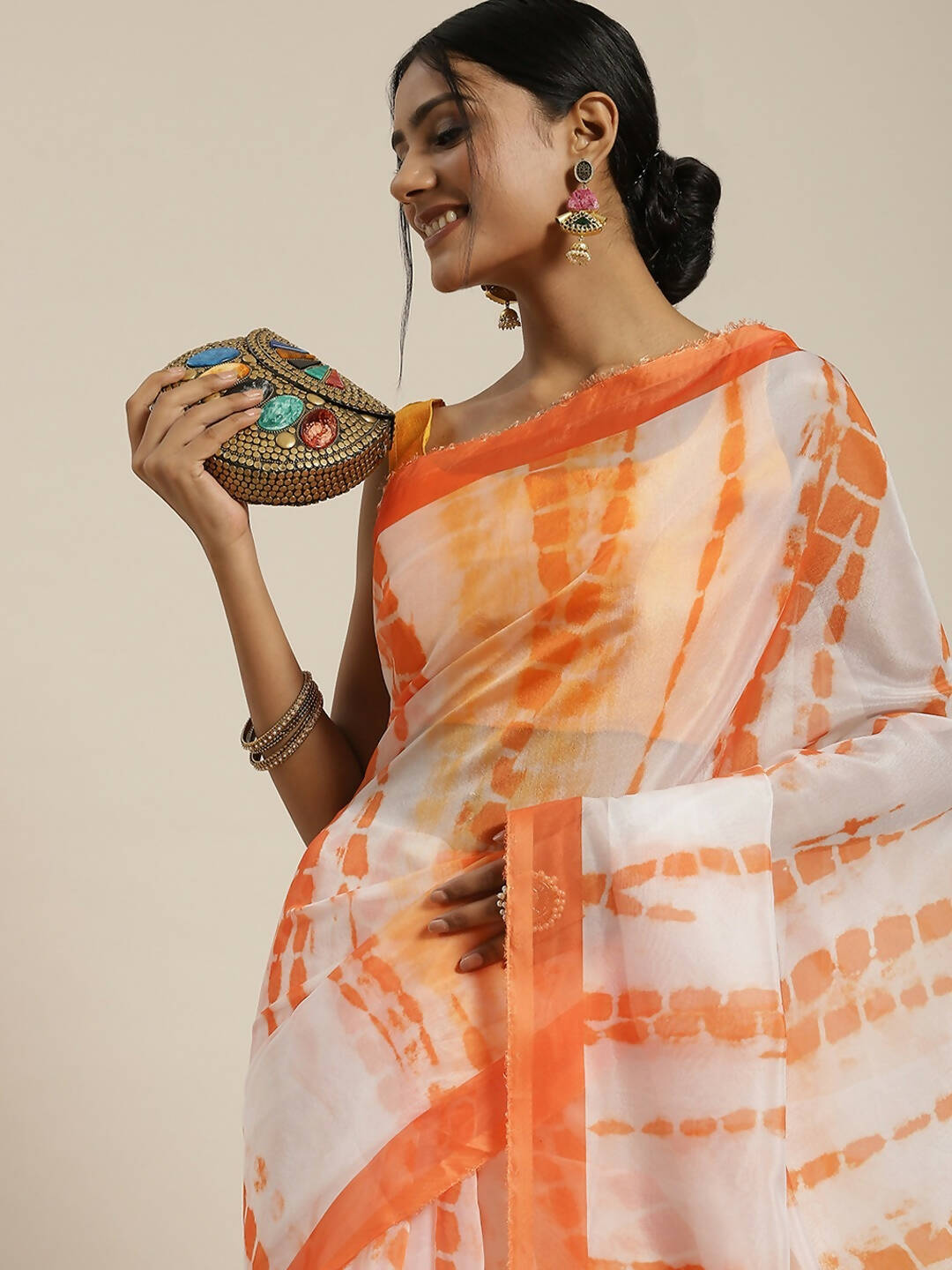 Orange Organza Printed Saree With Blouse Piece - Nivaa - Distacart