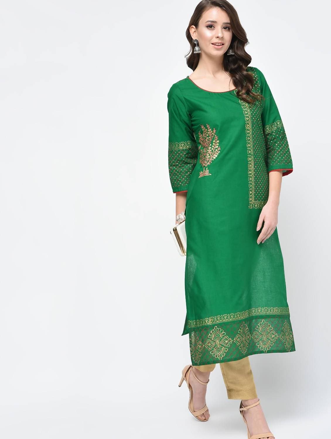 Cheera Hand Block Print Green Color Straight Kurta