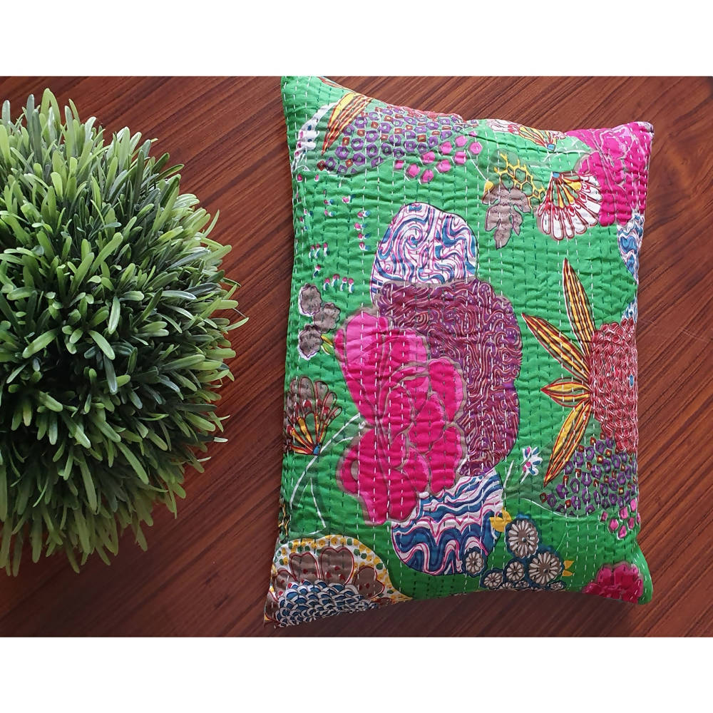 The Decor Nook Parrot Green Base With Multicolour Flowers Print Cushion Cover - Distacart