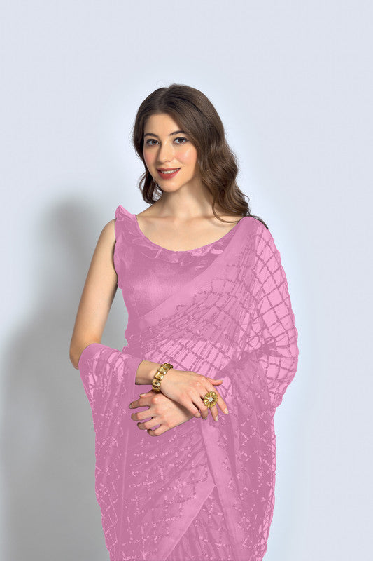 Malishka Women's Pink Georgette Sequence Embroidery Saree With Blouse Piece - Distacart