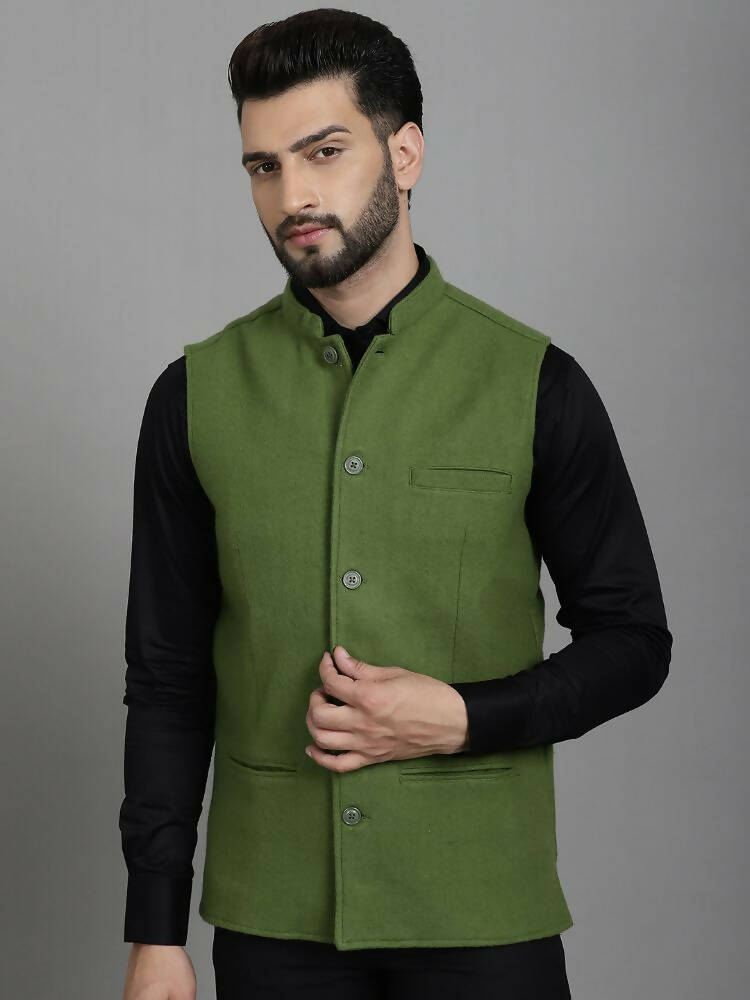 Even Apparels Nehru Jacket With Welt Pockets - Olive - Distacart