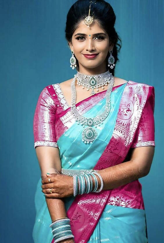 DEIANA'S Beautiful Golden Jari with New Design Soft Lichi Silk Saree - Blue - Distacart