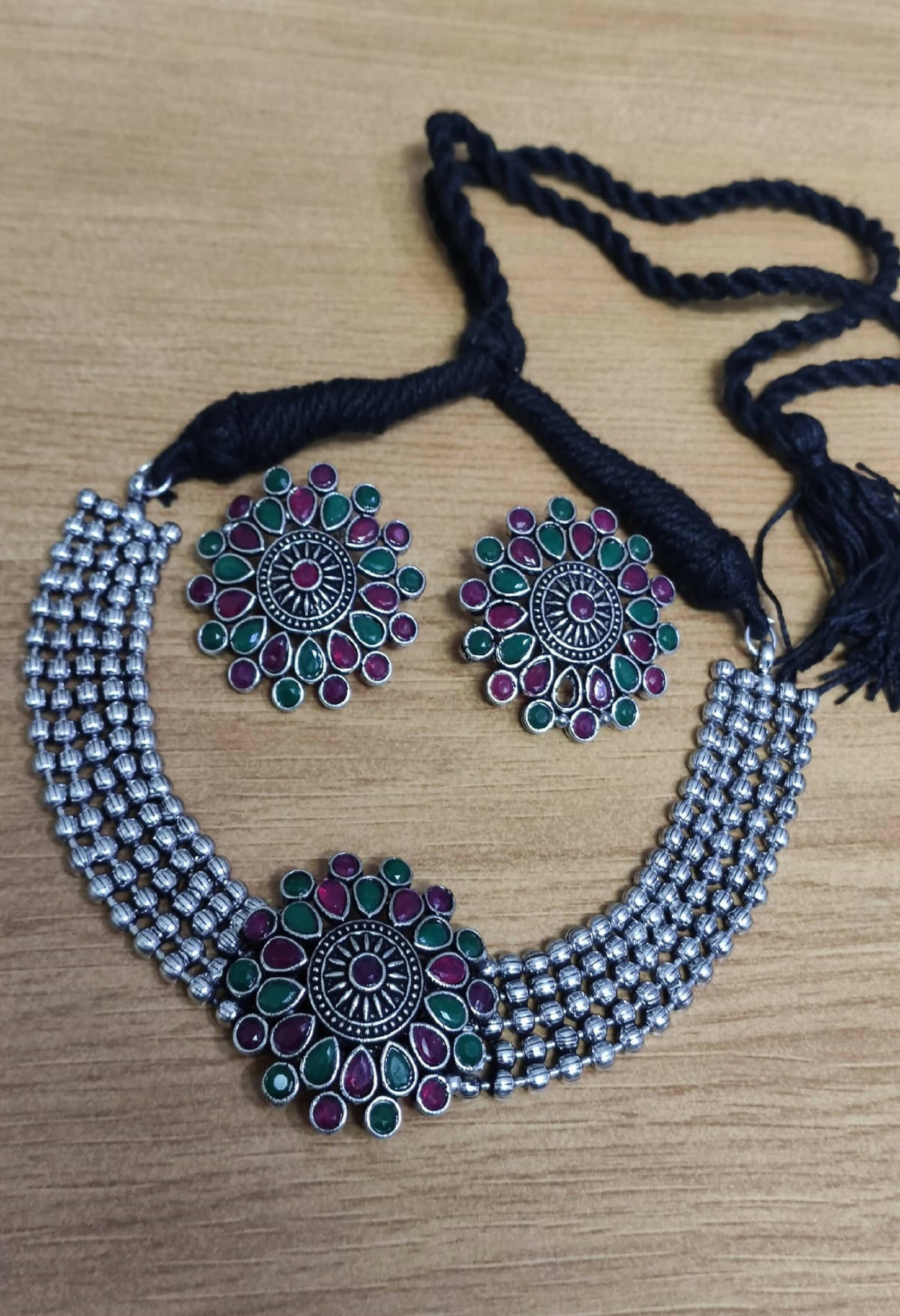 Mominos Fashion Johar Kamal Oxidised Silver-Plated Brass Finish Kundan Choker For Women (Multi) - Distacart