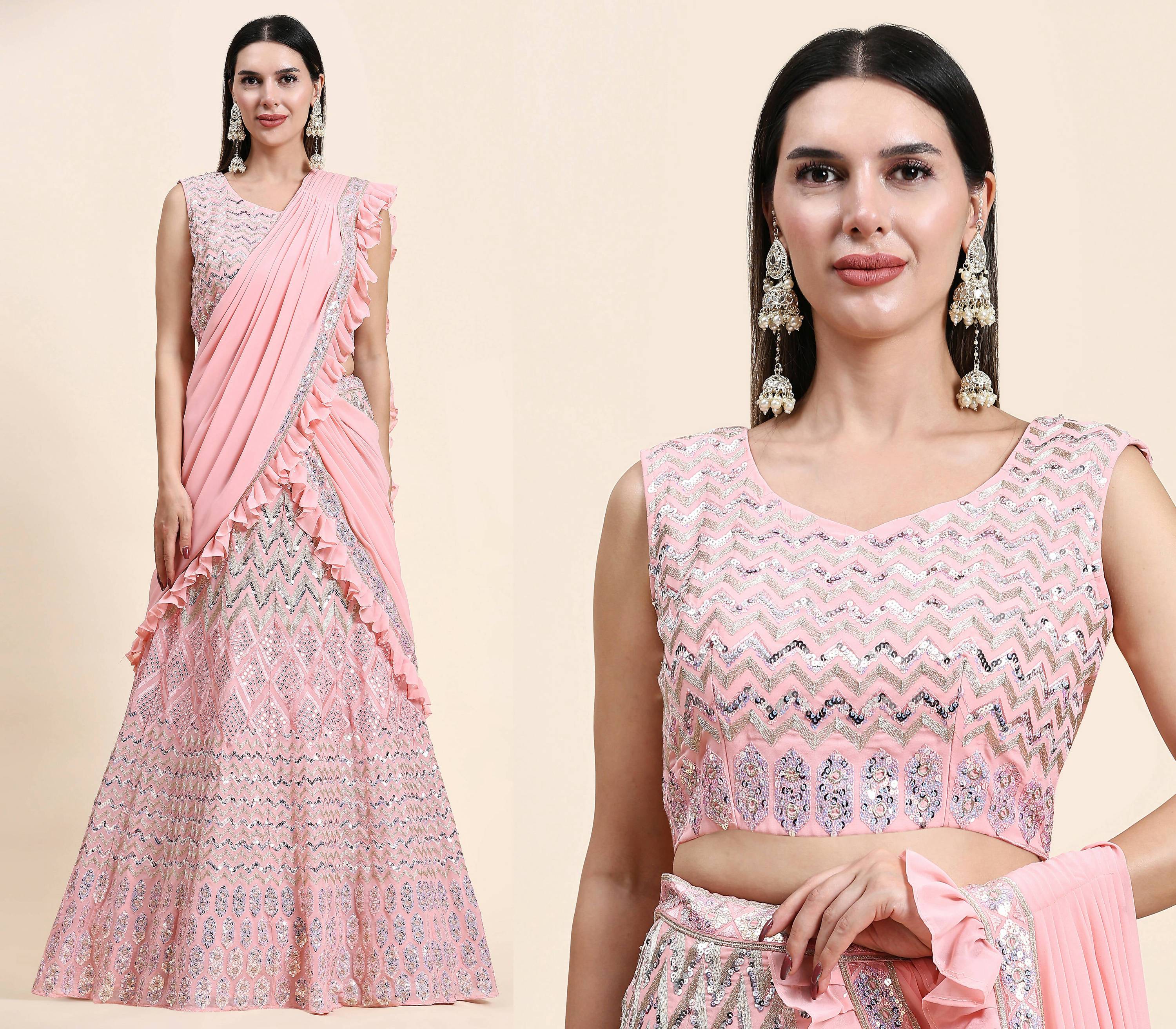 Pink Pure Viscose Georgette Thread With Sequins Embroidery Work Lehenga Choli With Dupatta - Tanya - Distacart