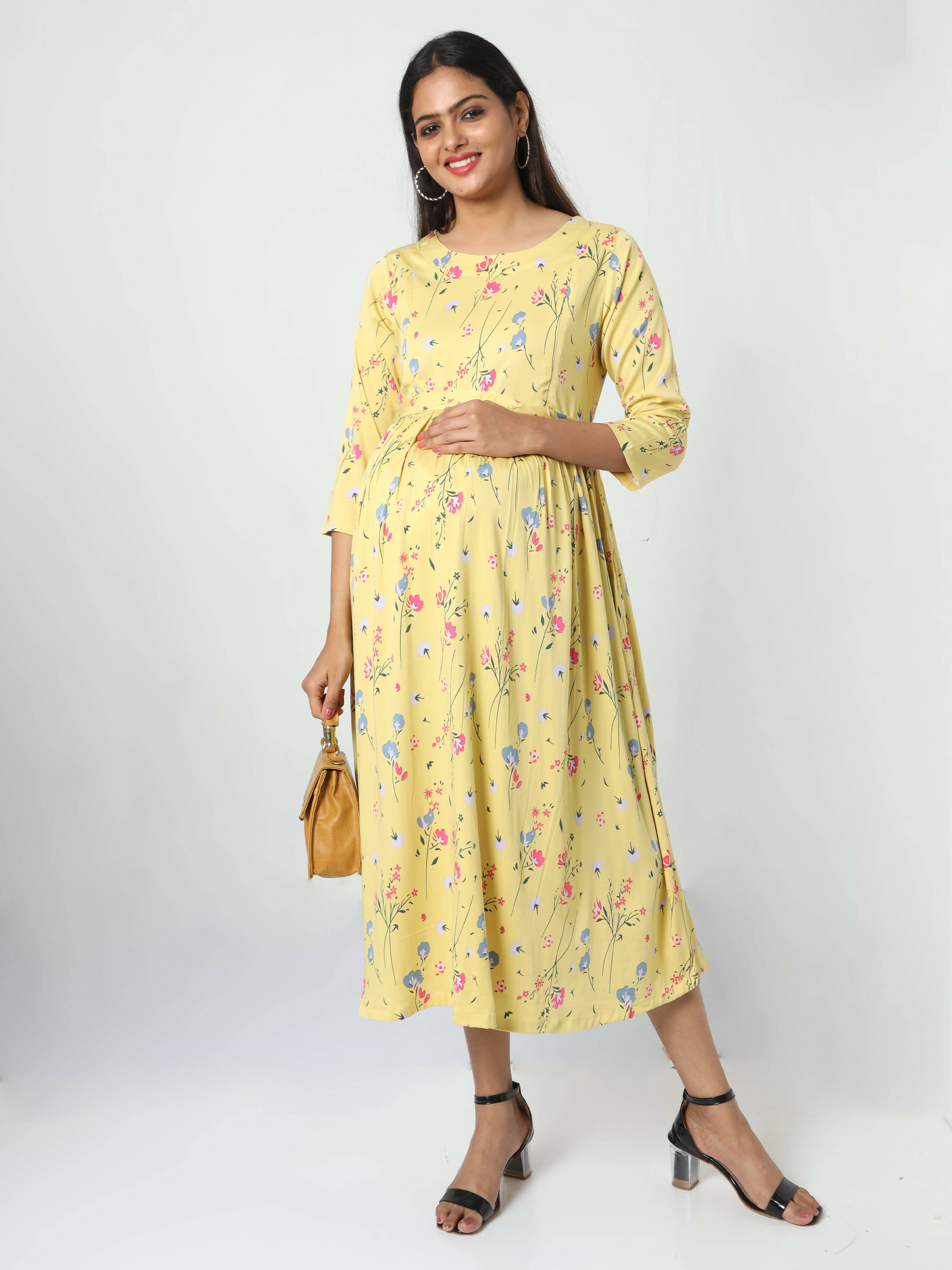 Manet Three Fourth Maternity Dress Floral Print With Concealed Zipper Nursing Access - Yellow - Distacart
