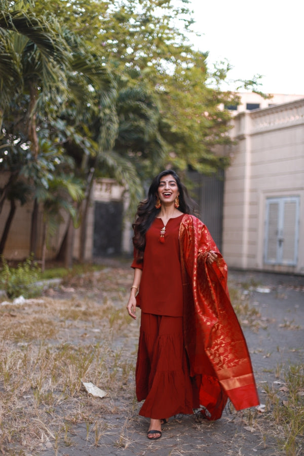 Jompers Women Maroon & Golden Solid Kurti with Sharara & Woven Design Dupatta - Distacart