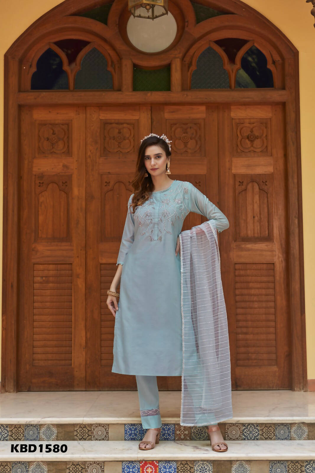 Sky Blue Chinon Embroidered Kurta and Bottom with Dupatta - Akashara - Distacart