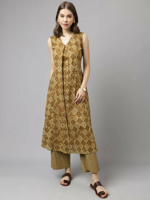 FIORRA Women's Brown Cotton A-Line Kurta Palazzo Set - Distacart