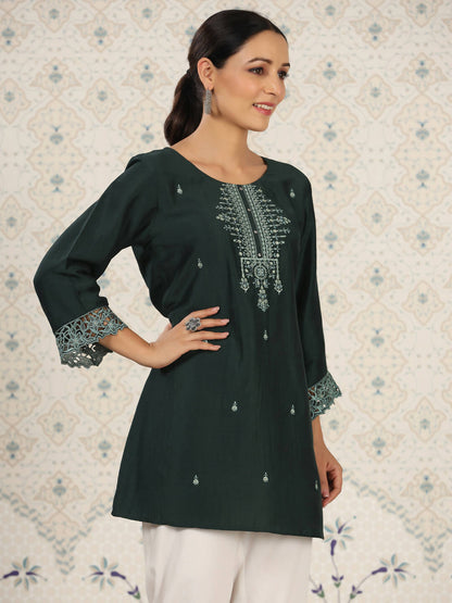 Dark Green Chinon Embroidered Straight Top - Zeny - Distacart