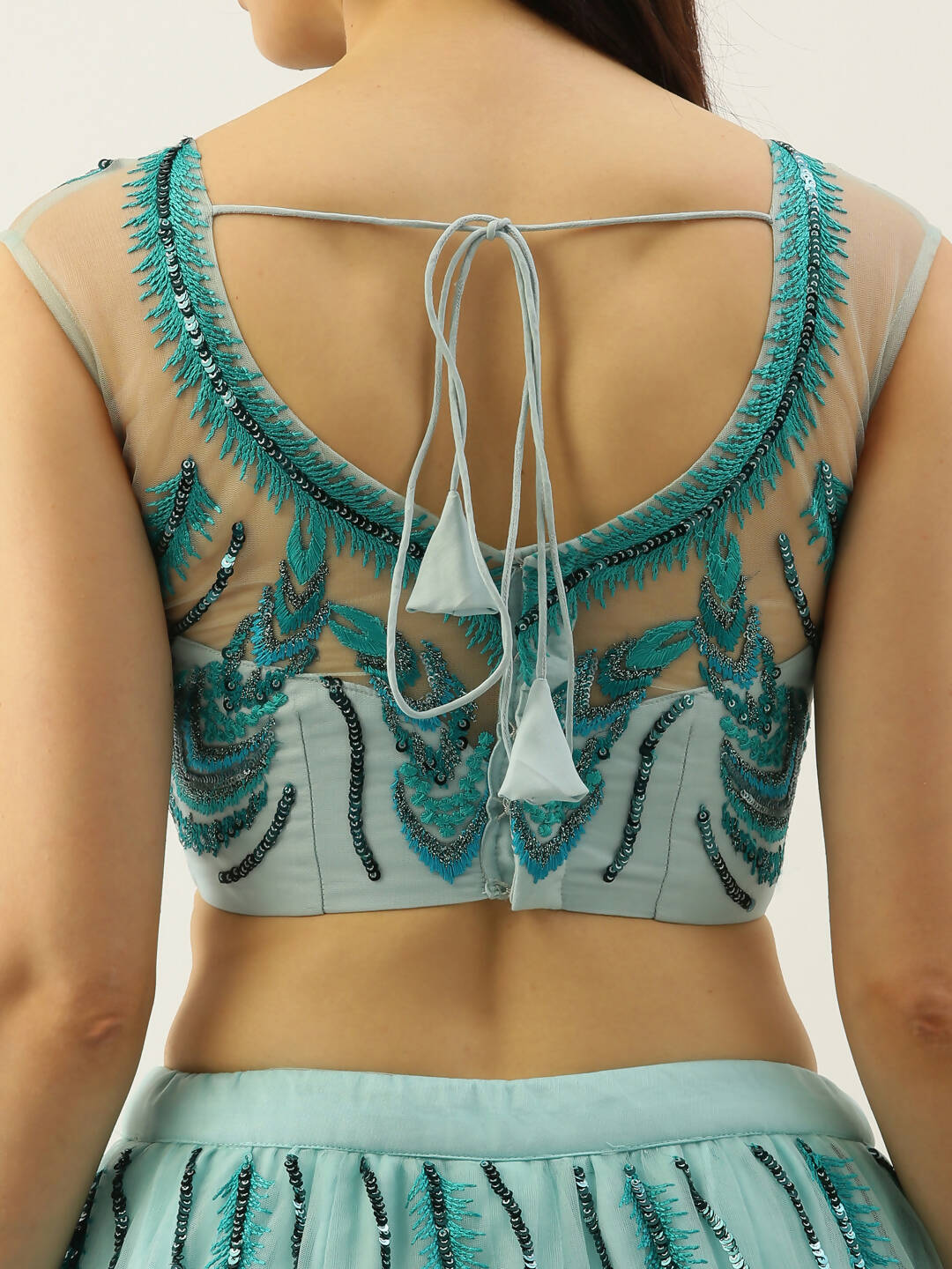 House of Panchhi Seagreen Net Sequins Embroidered Lehenga & Blouse with Dupatta - Distacart