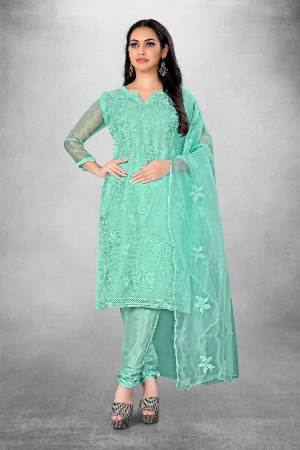 Sky Blue Heavy Organza Silk Embroidered Unstitched Dress Material - Amara - Distacart