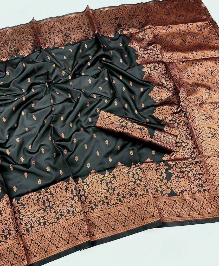 DEIANA'S Beautiful Golden Jari with New Design Soft Lichi Silk Saree - Black - Distacart
