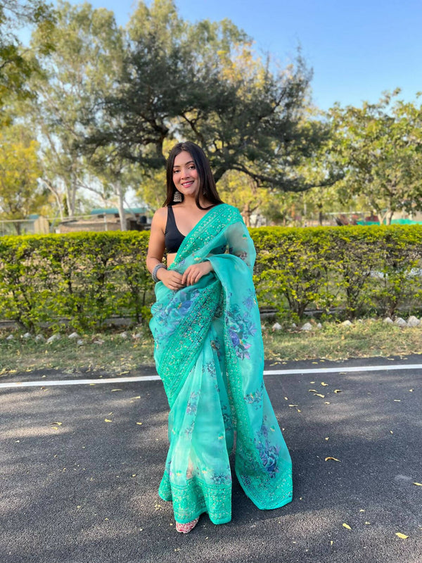 Vastrasky Sea Green Organza Saree - Distacart