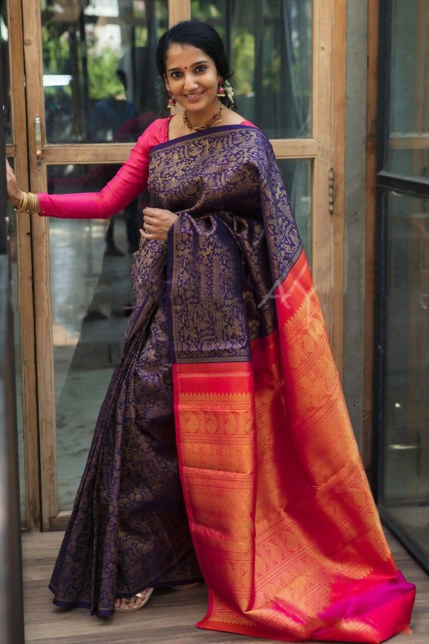 DEIANA'S Beautiful Golden Jari with New Design Soft Lichi Silk Saree - Purple - Distacart