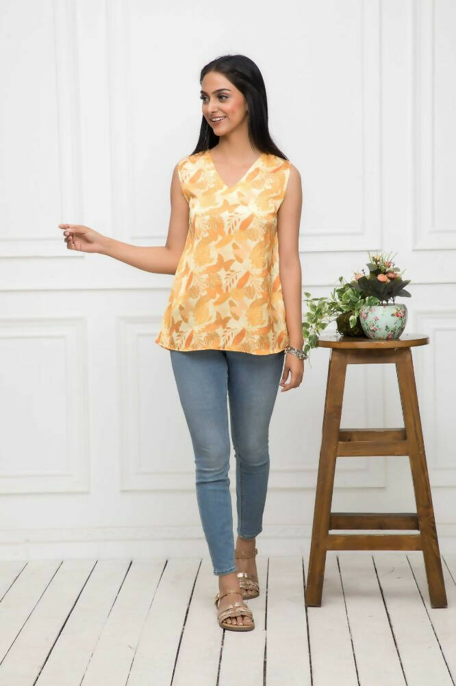 Myshka Women Mustard Floral V-Neck No Sleeves Polyester Top - Distacart