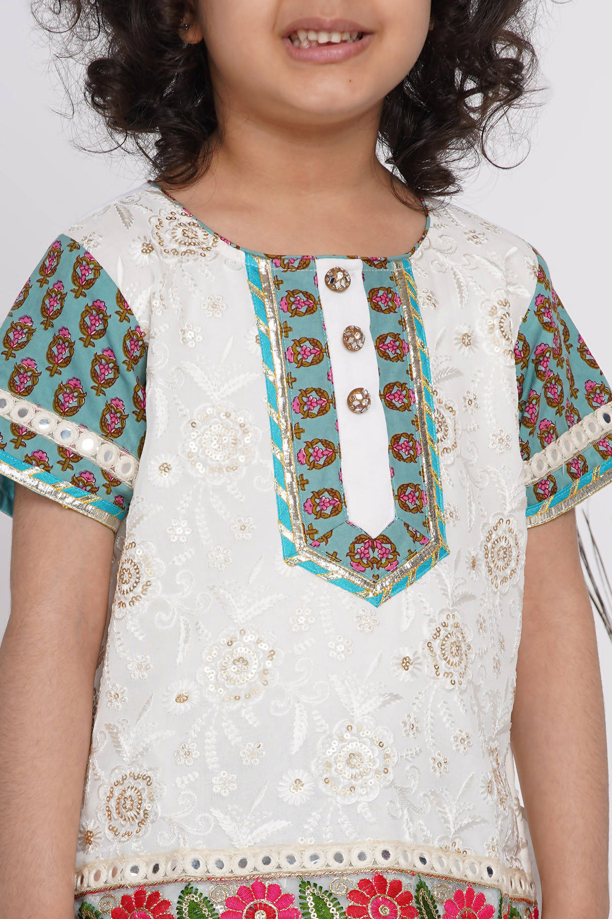 Little Bansi Cotton Embroidery Kurta With Lehenga & Tussel - White & Multicolor - Distacart