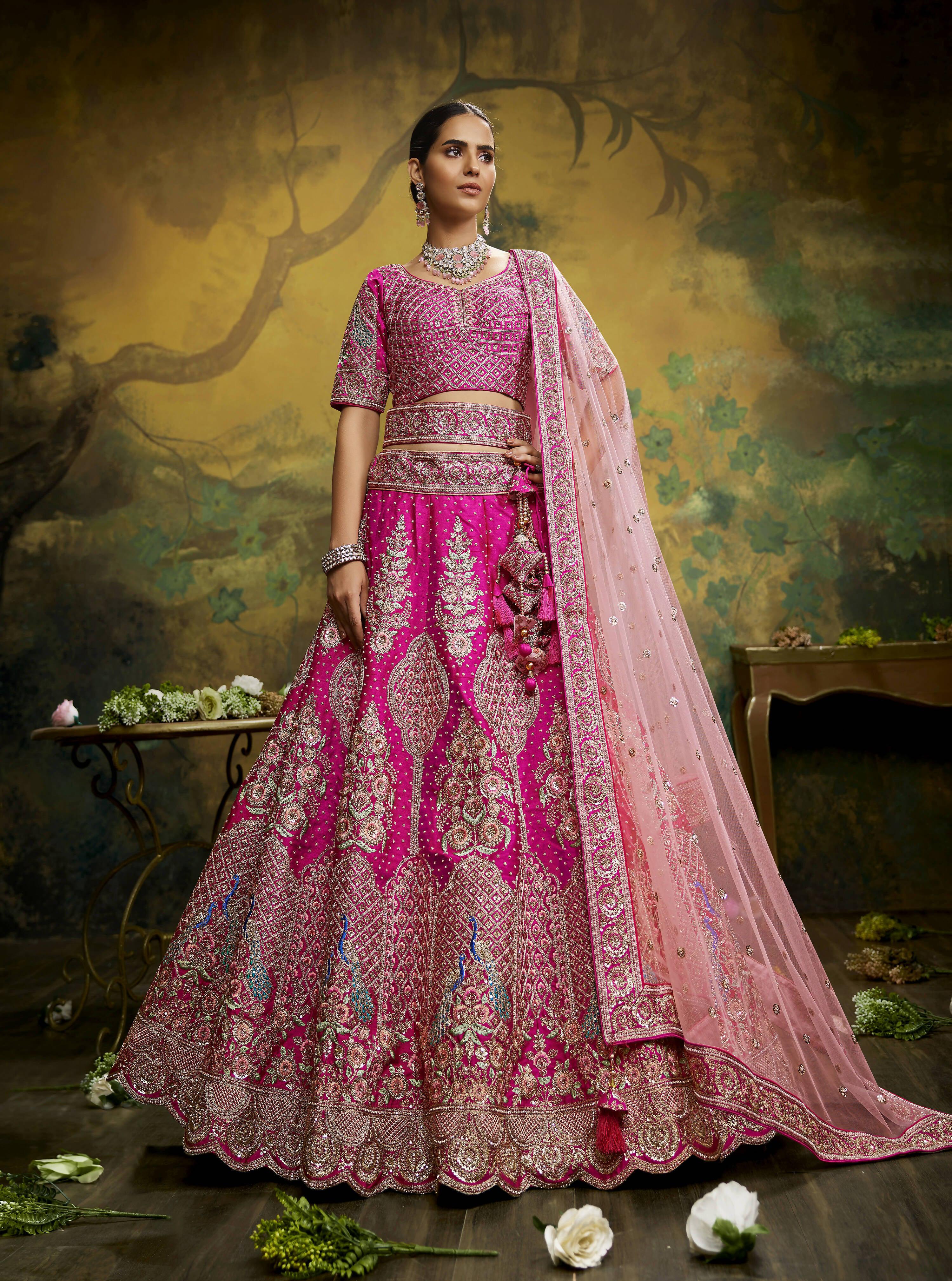 House of Panchhi Pink Pure Silk Moti & Zarkan heavy embroidery Lehenga choli & Dupatta - Distacart