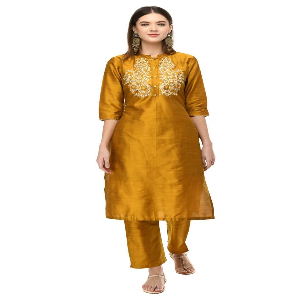 Lagi Women's Mustard Poly silk Straight Embroidred Kurta Pant (RO116C)