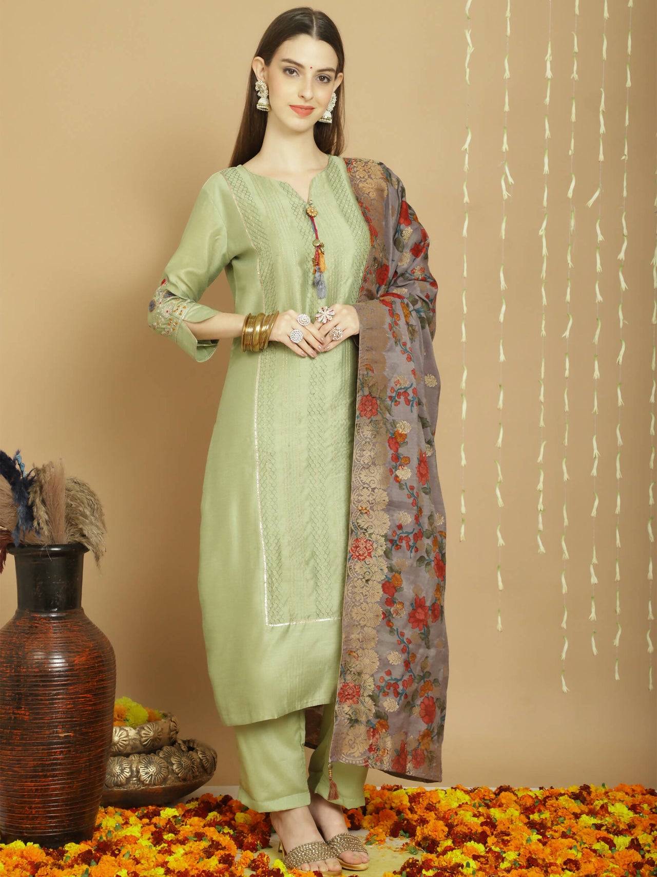 Aastha Fashion Women's Green Chanderi Silk Elegant Jardoshi Semi Kurta with Trouser & Dupatta - Distacart