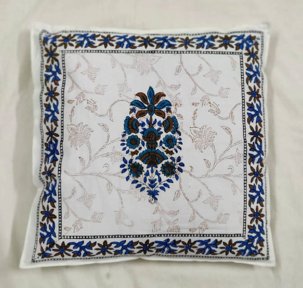 The Decor Nook Blue Floral Print With Blue Brown Border Cushion Cover - Distacart