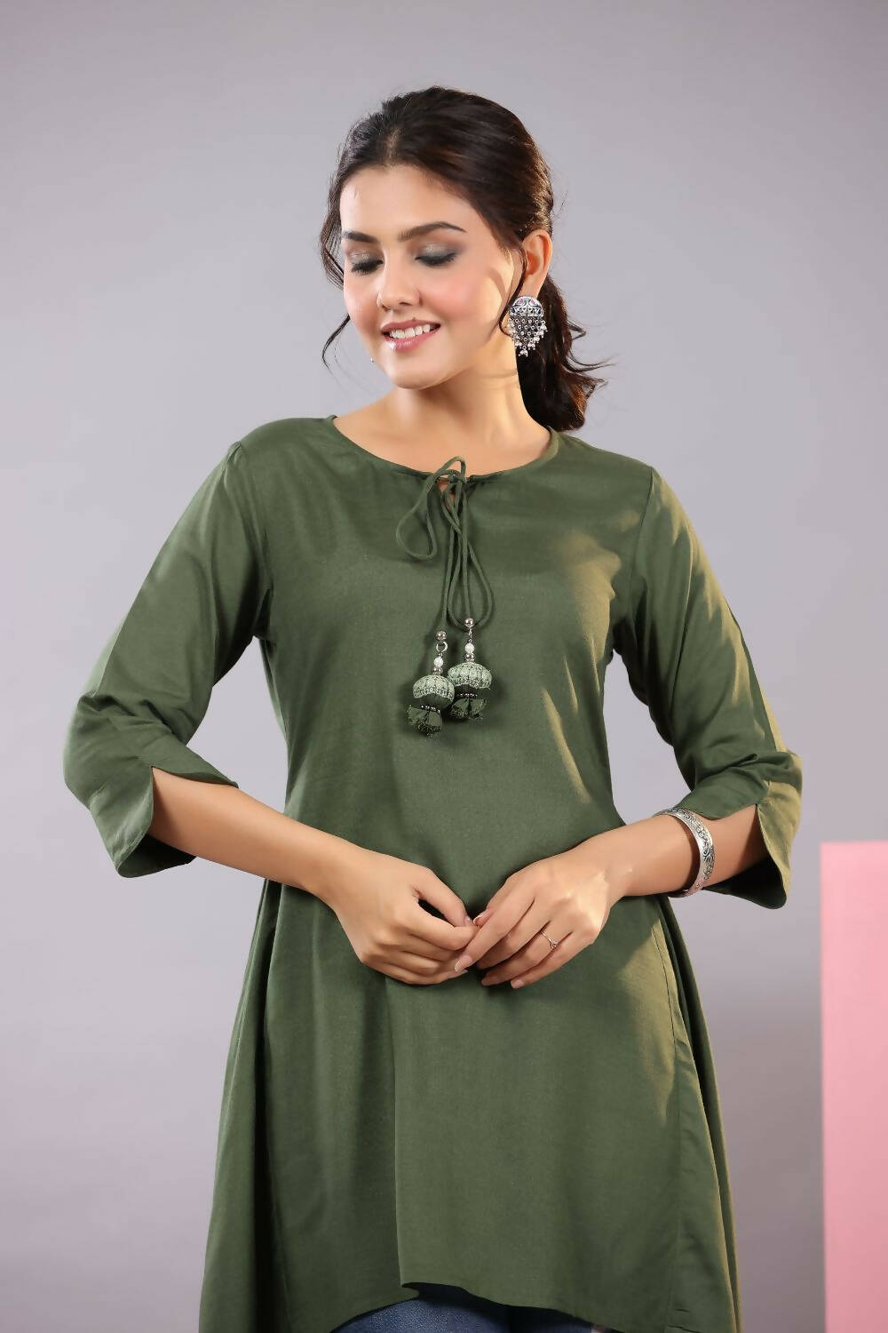 Juniper Women Olive Rayon Solid Asymmetric Kurta - Distacart