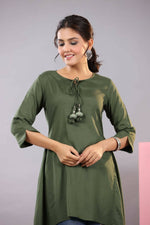 Thumbnail for Juniper Women Olive Rayon Solid Asymmetric Kurta - Distacart