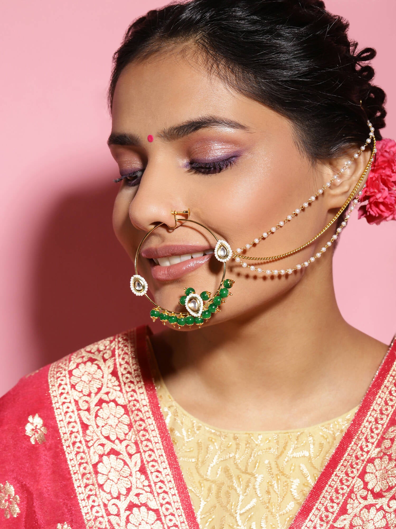 Gold-Plated White Green Kundan-Studded Pearl Beaded Nosepin - Ruby Raang - Distacart