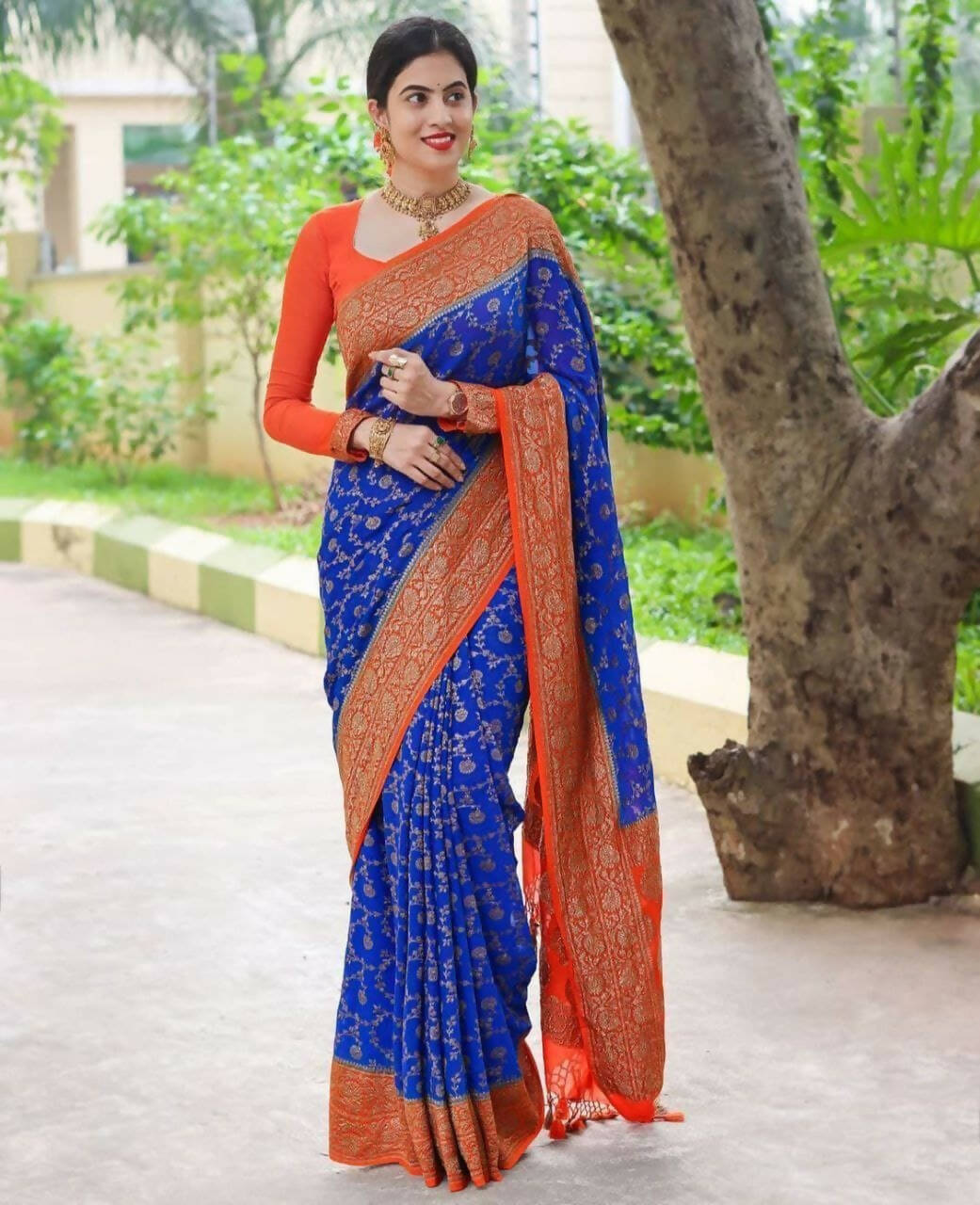 DEIANA'S Beautiful Golden Jari with New Design Soft Lichi Silk Saree - Royal Blue - Distacart