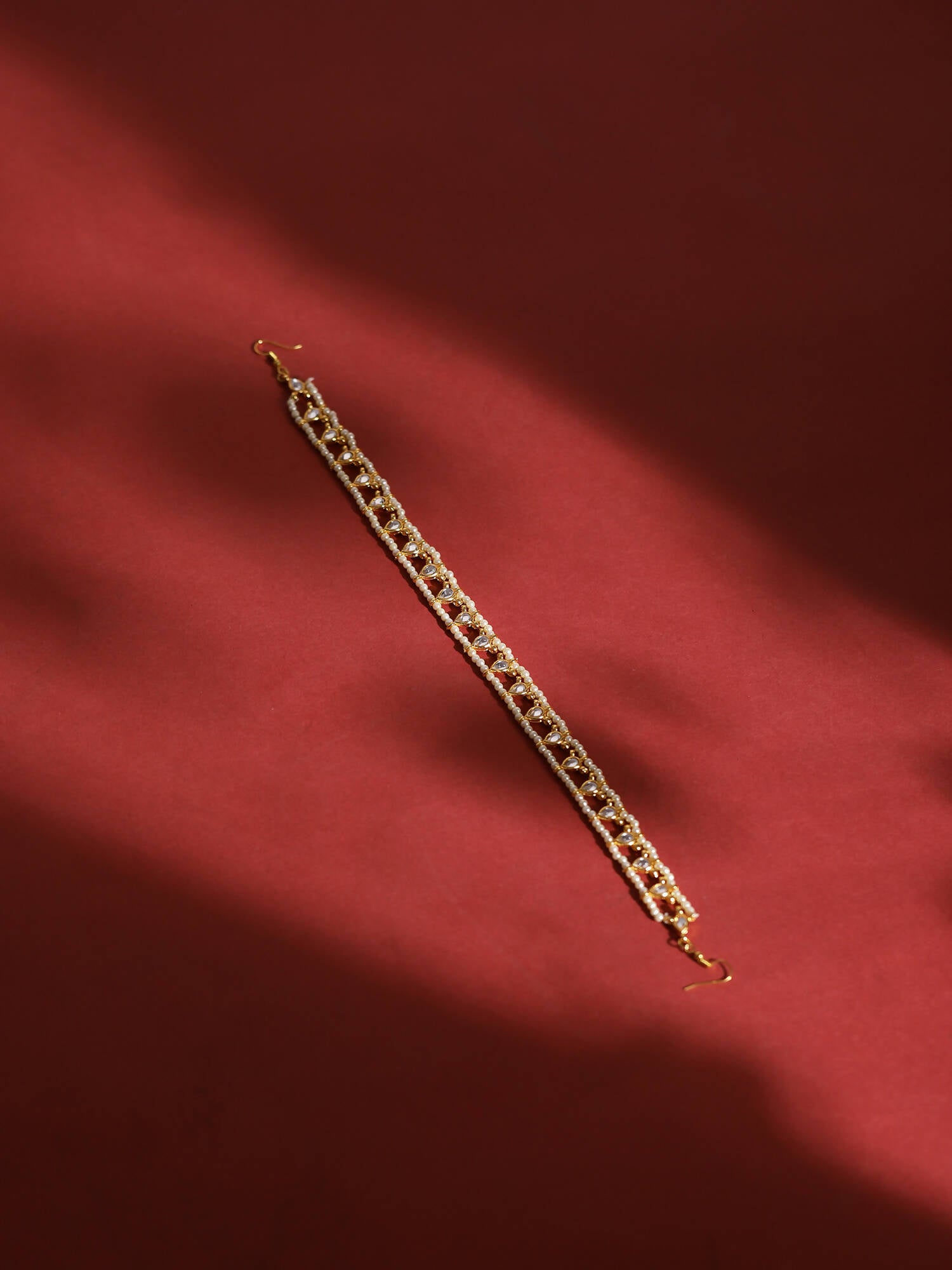 Gold-Plated White Kundan-Studded Pearl Beaded Hair Band - Ruby Raang - Distacart