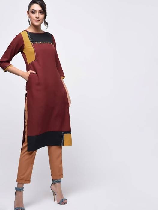 Aniyah Crepe Color Block Straight Brown Kurta (AN-139K)