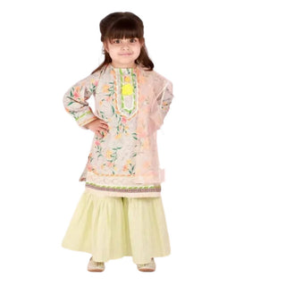 Little Bansi Green Color Floral and lace Work Kurta with Sharara and Dupatta