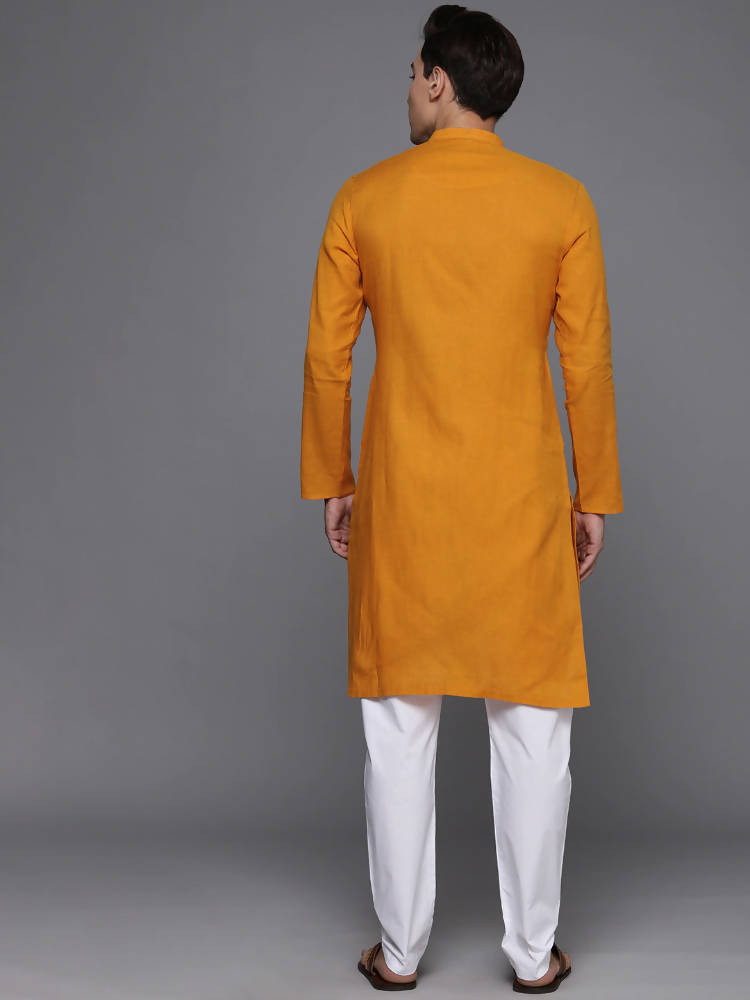 Manyavar Men Mustard Yellow Pure Cotton Solid Kurta - Distacart