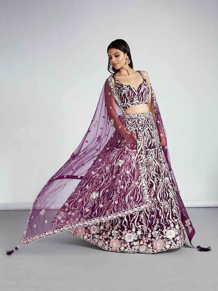 House of Panchhi Burgundy Net Sequins And Thread Embroidery Lehenga Choli & Dupatta - Distacart