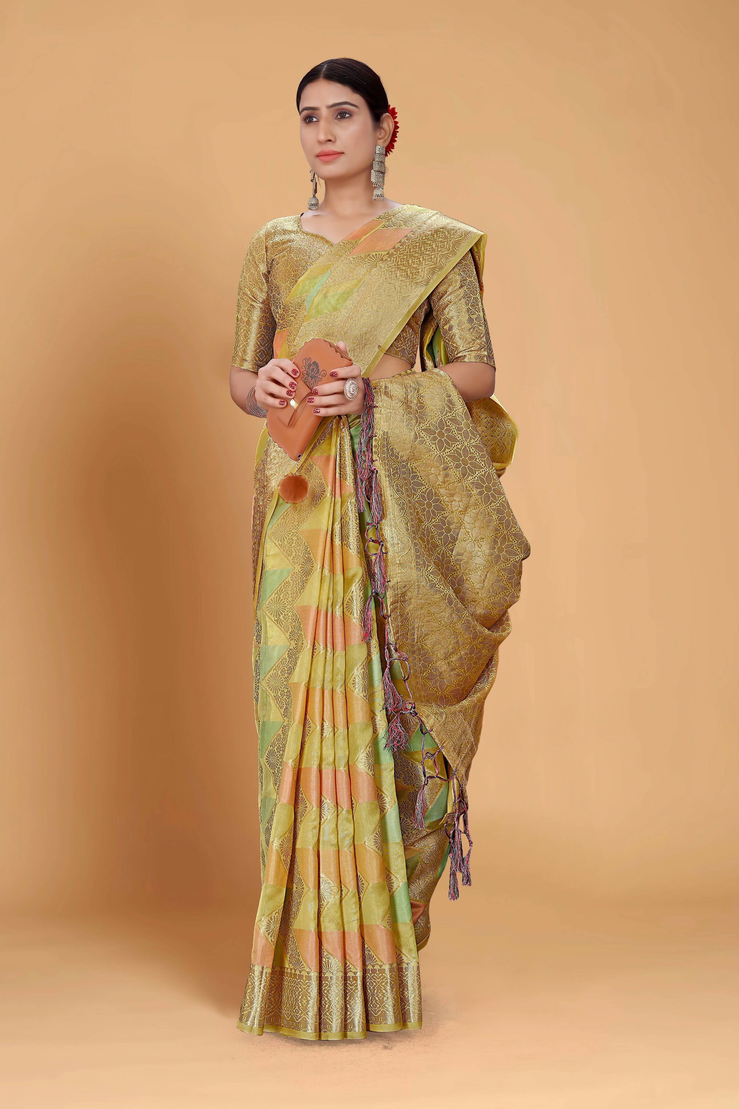 Pista Soft Organza Woven Design Saree With Unstitched Blouse Piece - Zaara - Distacart