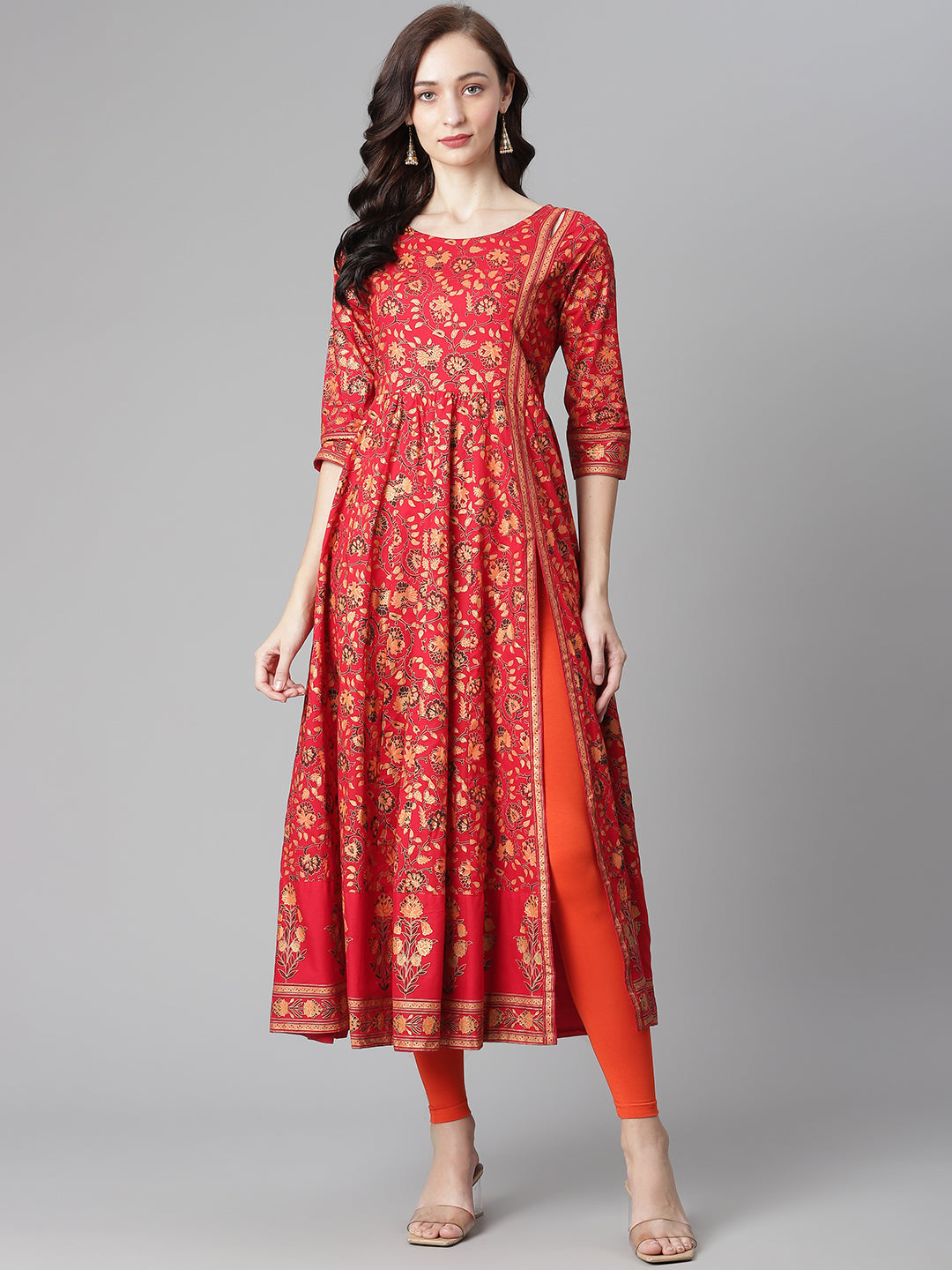 Indian Clothing Women's Red Cotton Printed Anarkali Kurta with Legging - NOZ2TOZ