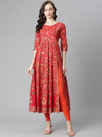 Thumbnail for Indian Clothing Women's Red Cotton Printed Anarkali Kurta with Legging - NOZ2TOZ